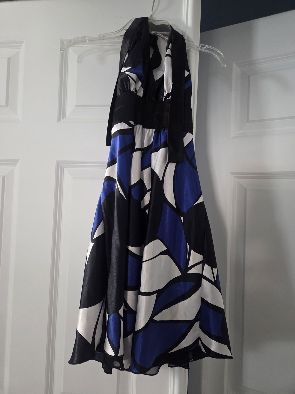 Halter Floral A-Line Dress in Blue, Black & White